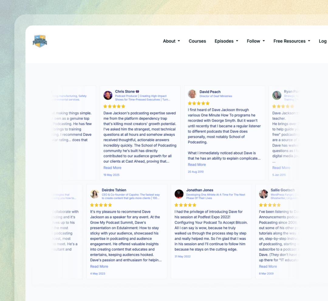 School of Podcasting website using Feedspace widgets