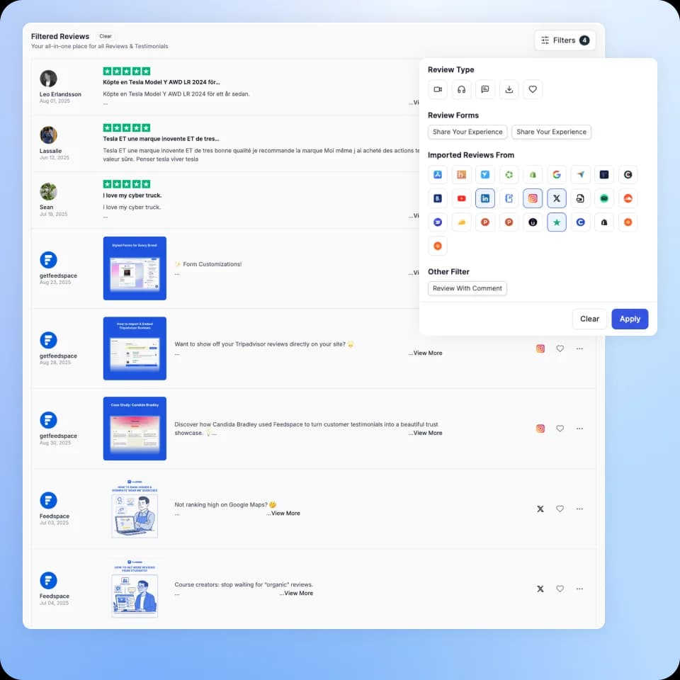 Filter reviews to showcase with Feedspace