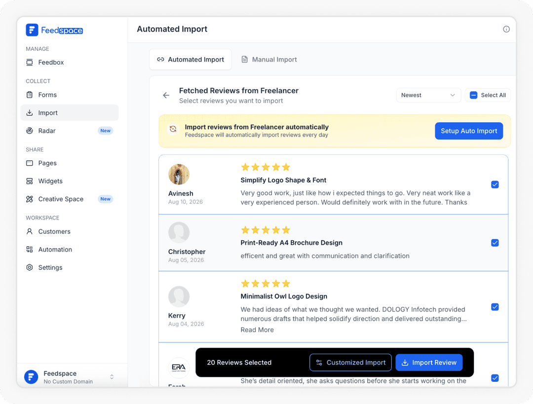 Select and import Freelancer reviews to Feedspace