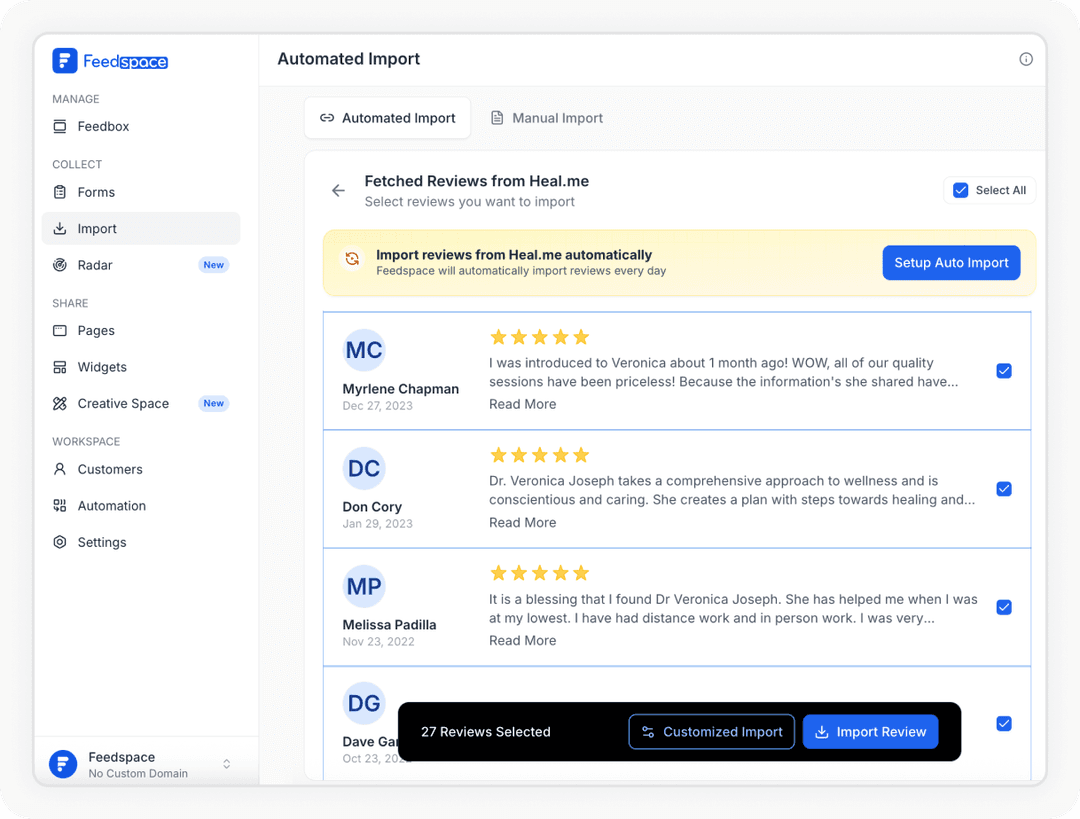 Reviews being selected to Import Heal.me reviews