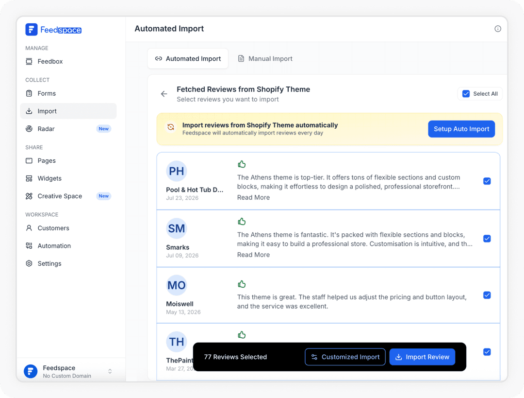 Select and import Shopify Theme reviews to Feedspace