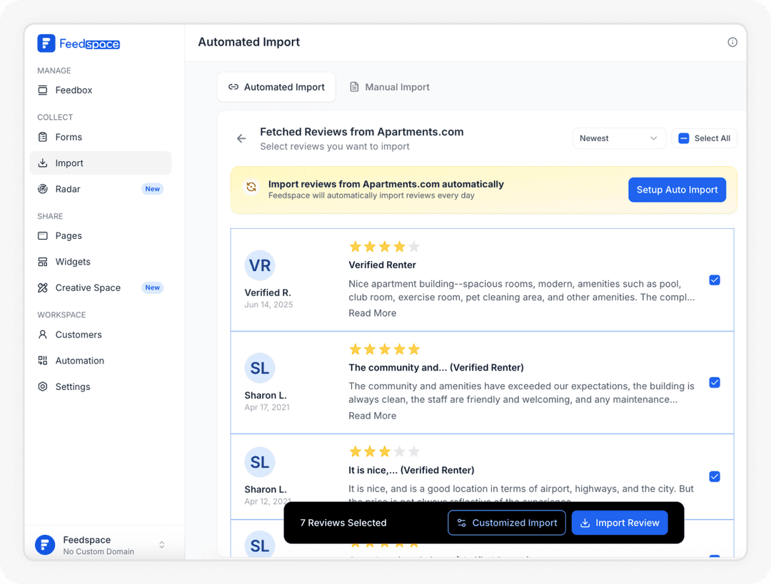 Select reviews from Apartments.com and click Import to add them to Feedspace