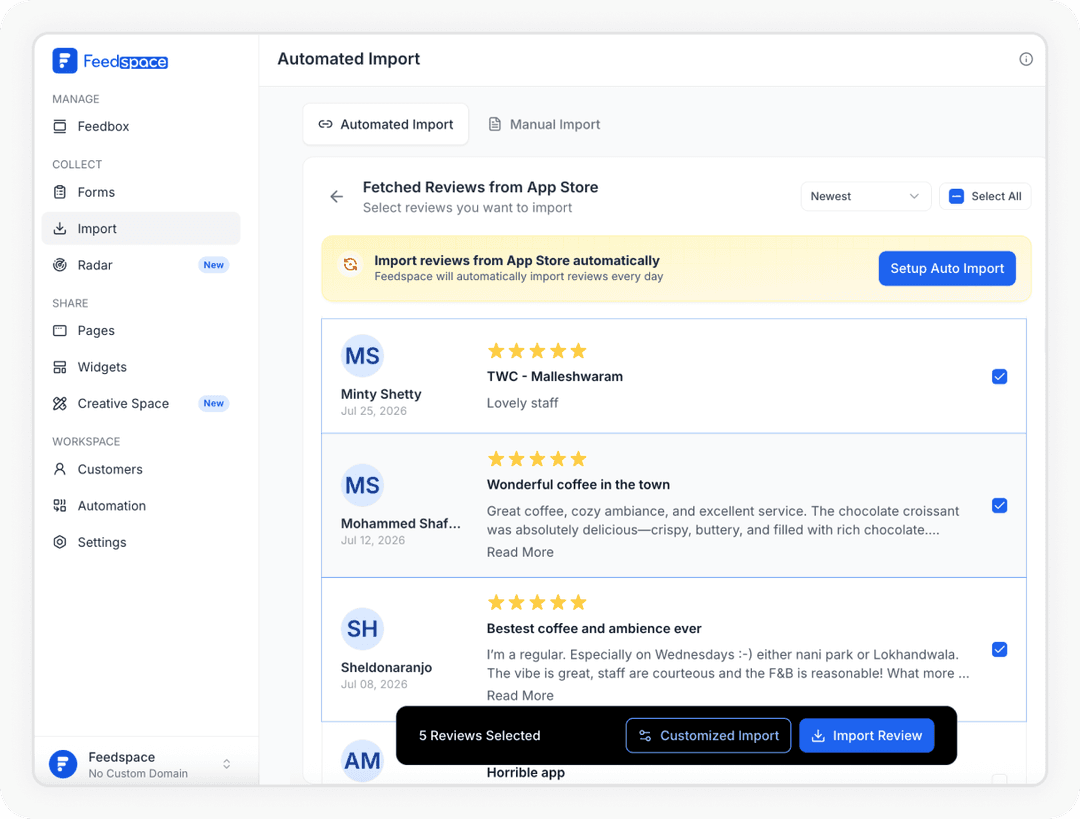 Reviews being selected to Import Apple App Store reviews