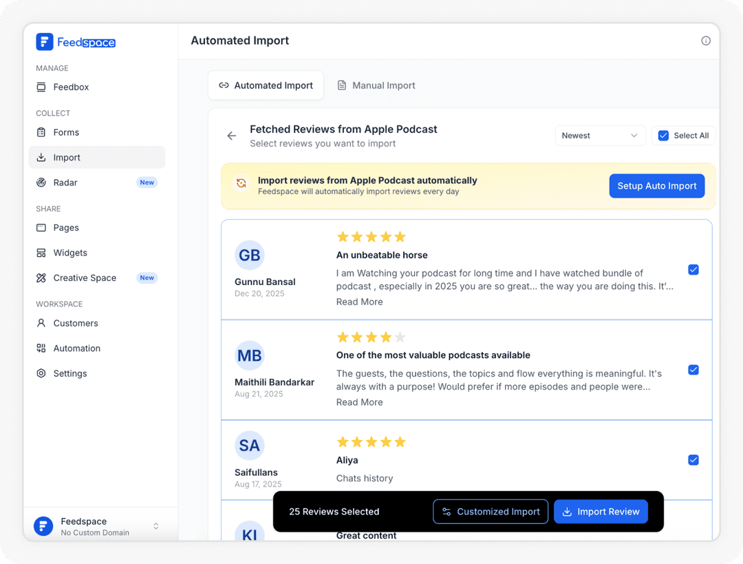 Reviews being selected to Import Apple Podcast reviews