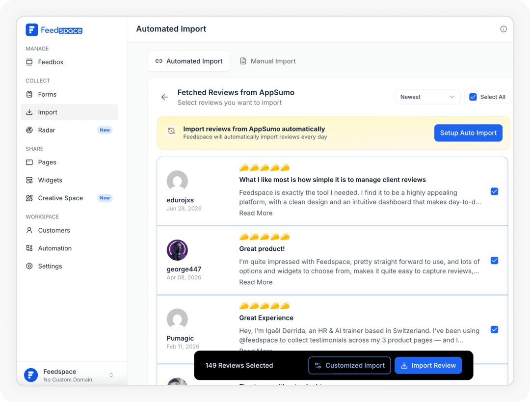 Reviews being selected to Import Appsumo reviews