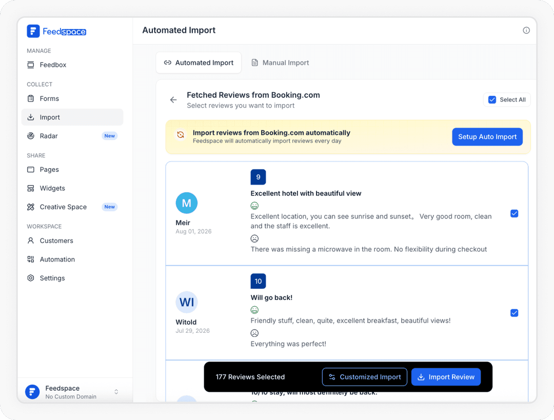 Reviews being selected to Import Booking.com reviews