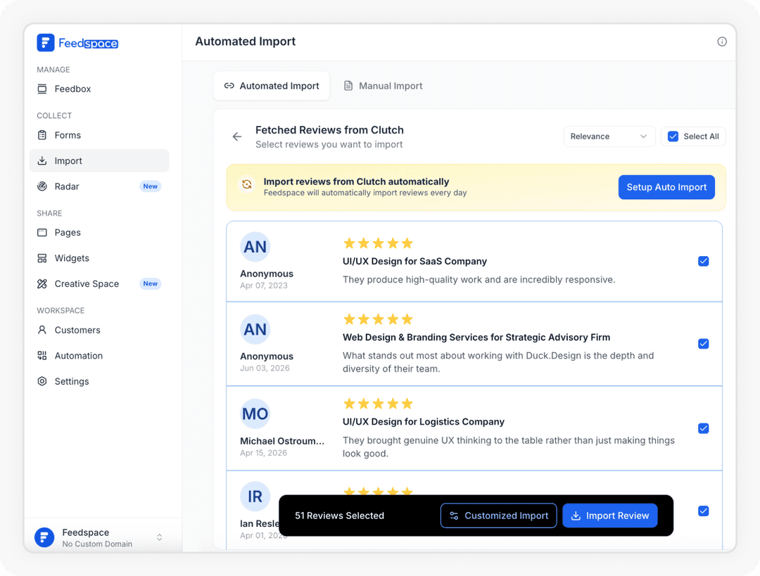 Select and import Clutch reviews to Feedspace
