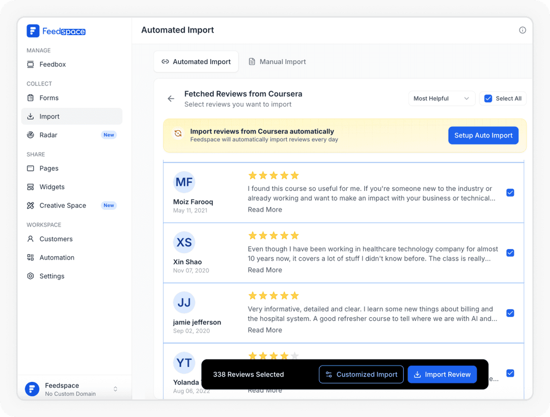 Reviews being selected to Import Coursera reviews