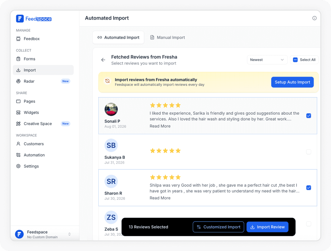 Reviews being selected to Import Fresha reviews