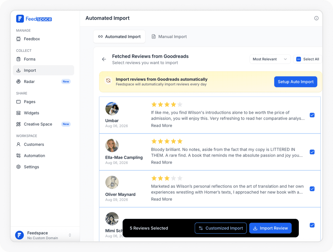 Reviews being selected to Import Goodreads reviews