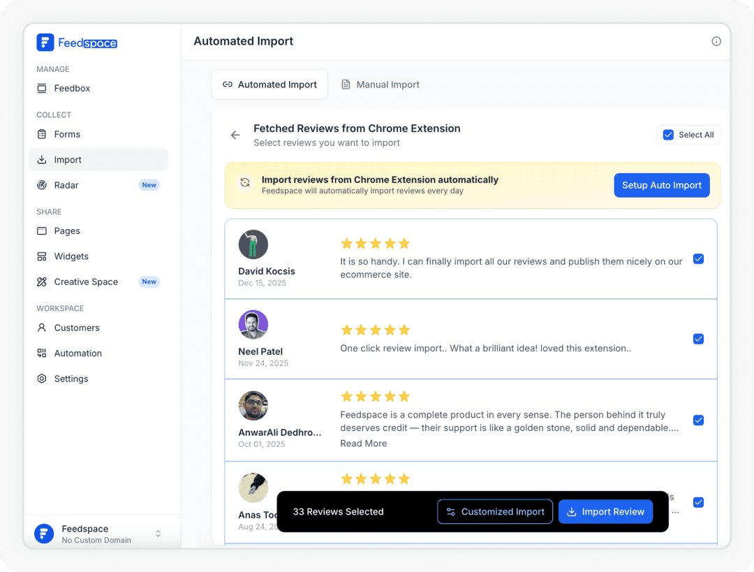Select reviews from Apartments.com and click Import to add them to Feedspace