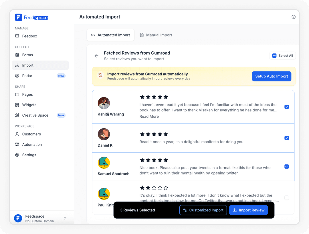 Reviews being selected to Import Gumroad reviews