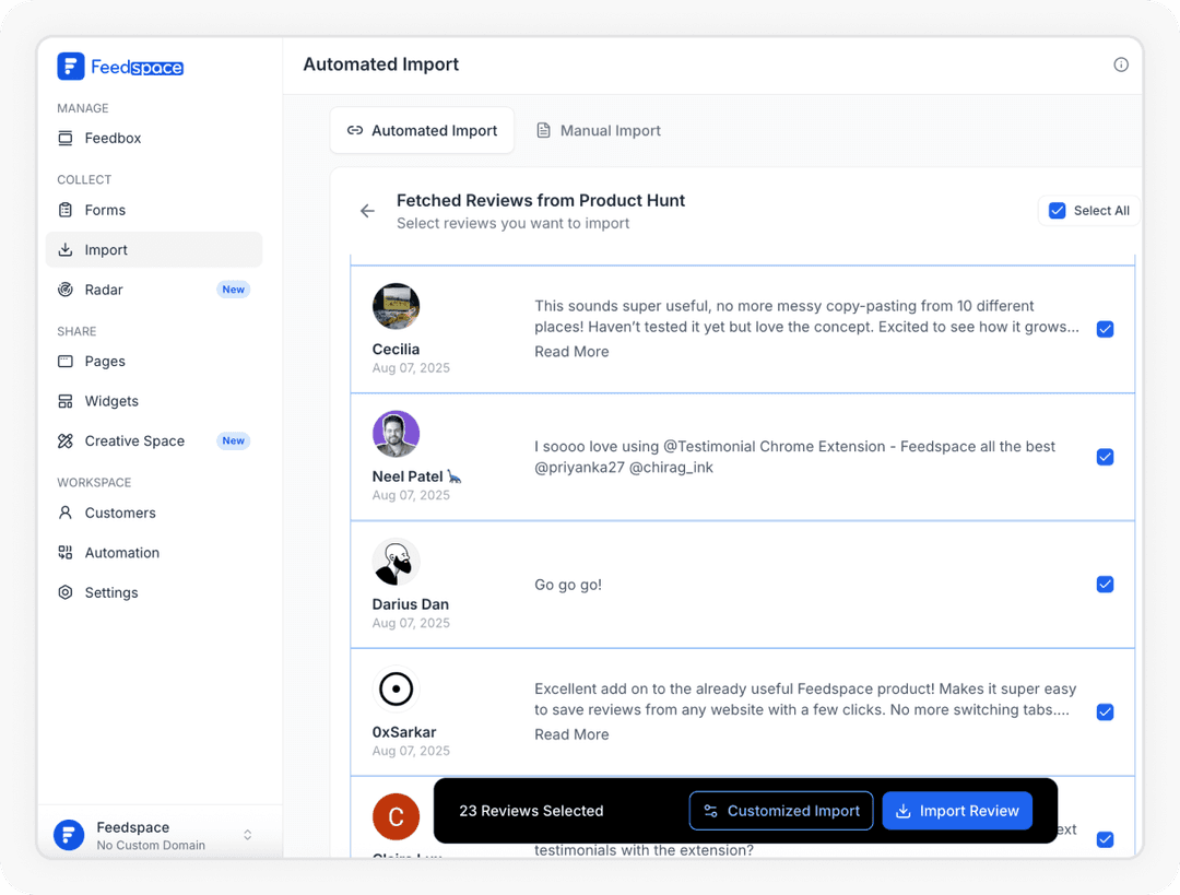 Comments selected to Import Product Hunt Comments
