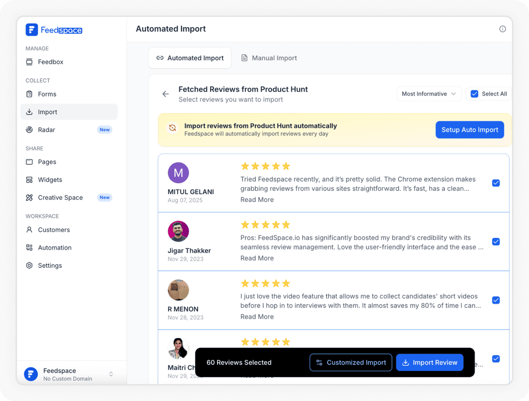 Reviews being selected to Import Product Hunt reviews