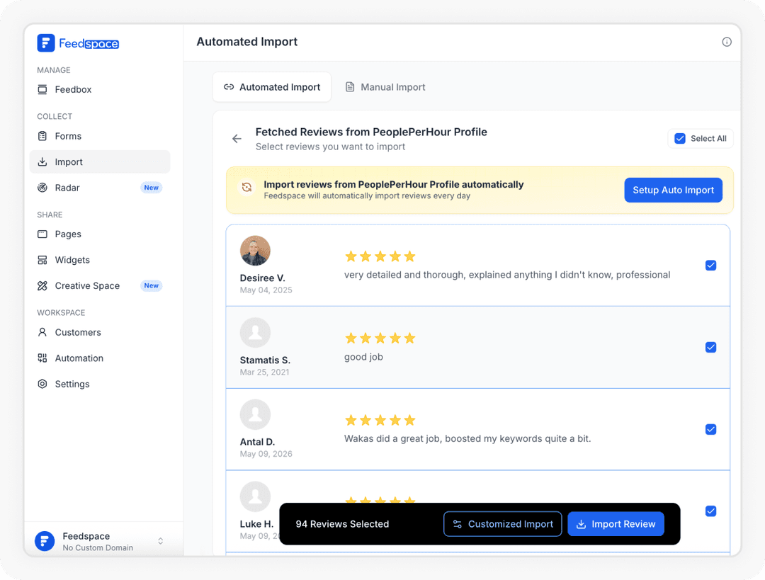 Reviews being selected to Import PeoplePerHour reviews