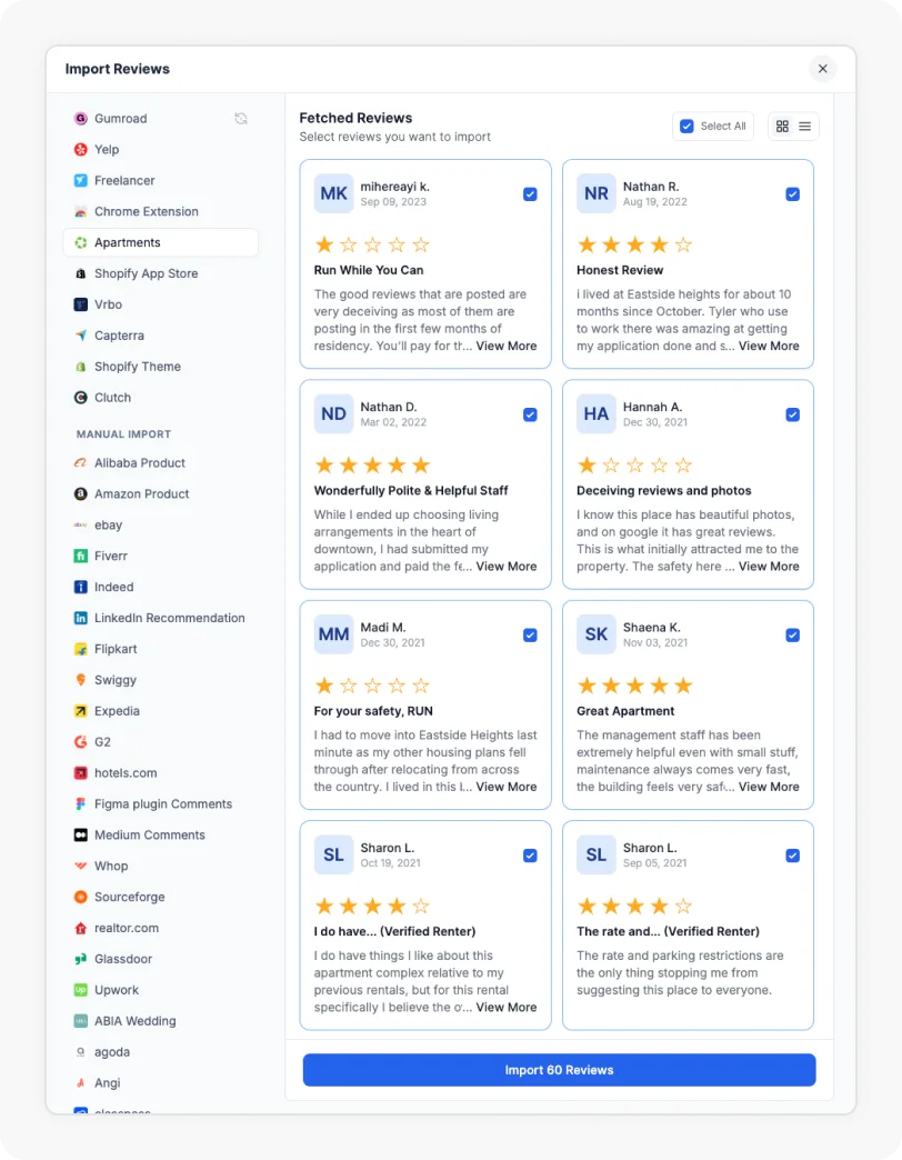 Select reviews from Apartments.com and click Import to add them to Feedspace
