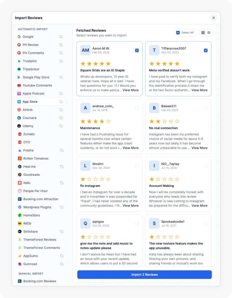 Reviews being selected to Import Apple App Store reviews