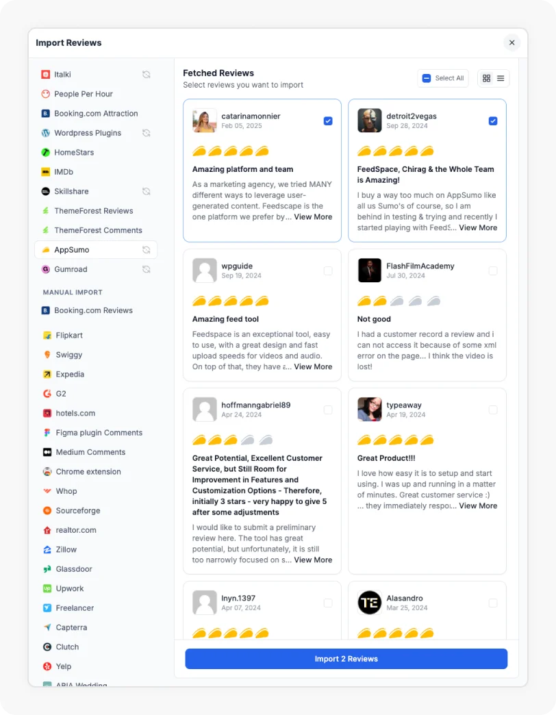 Reviews being selected to Import Appsumo reviews