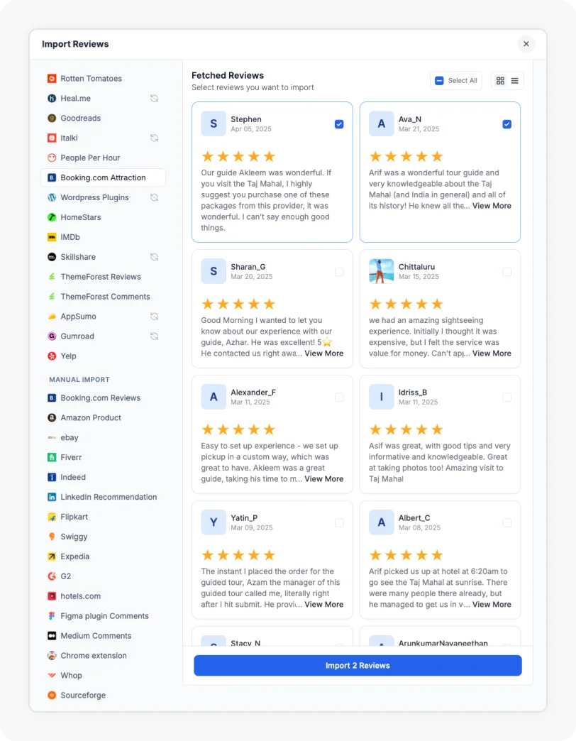 Reviews being selected to Import Booking.Com Attraction reviews