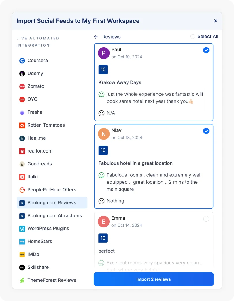 Reviews being selected to Import Booking.com reviews