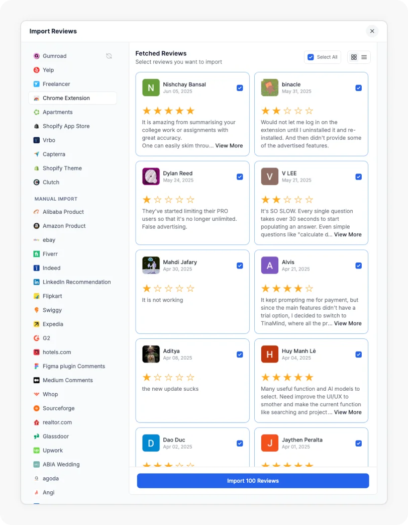 Select reviews from Apartments.com and click Import to add them to Feedspace