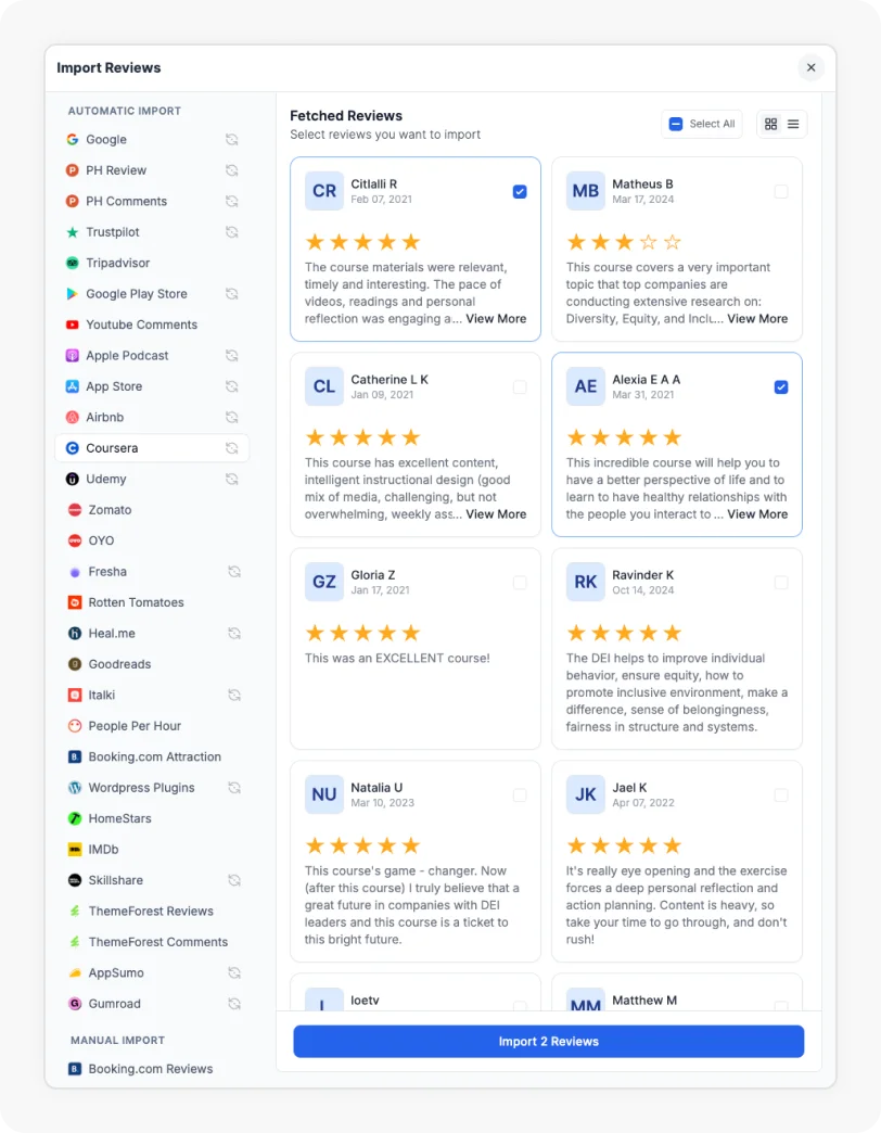 Reviews being selected to Import Coursera reviews