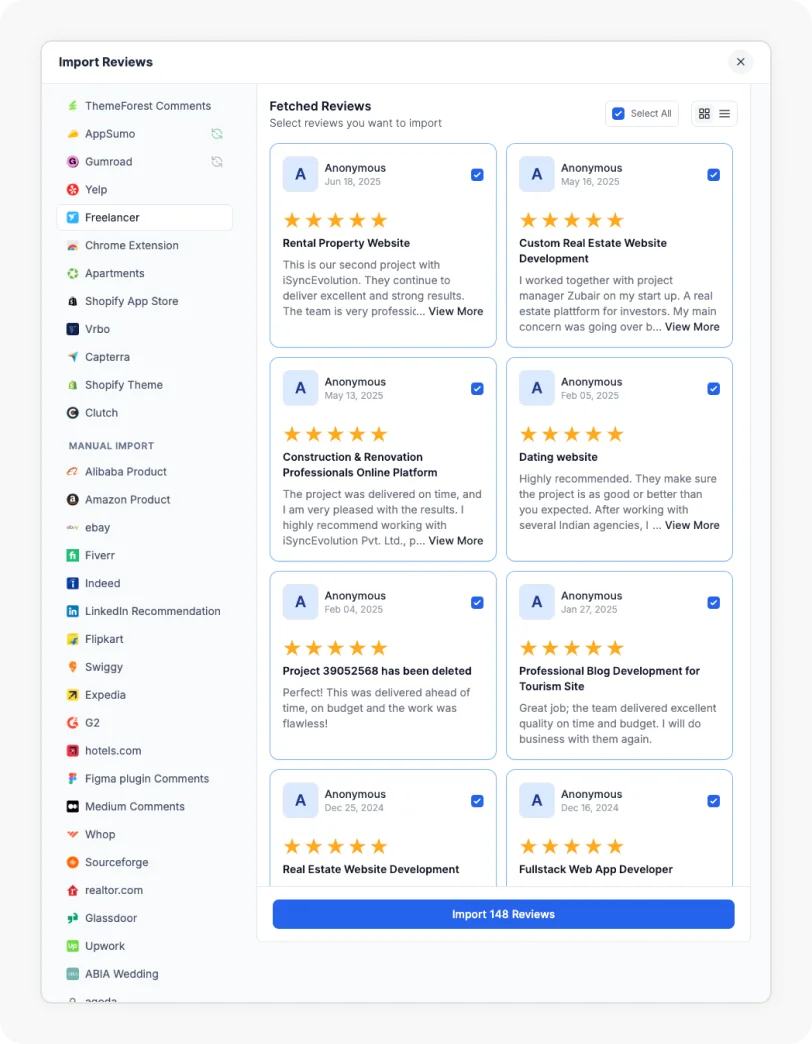 Select and import Freelancer reviews to Feedspace
