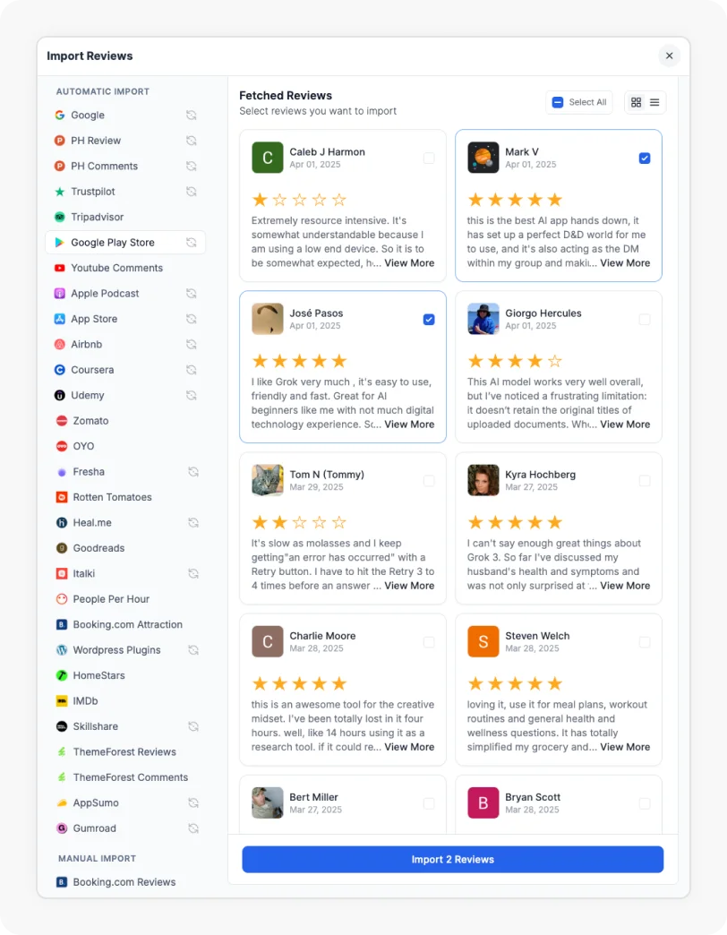 Reviews being selected to Import Google Play Reviews