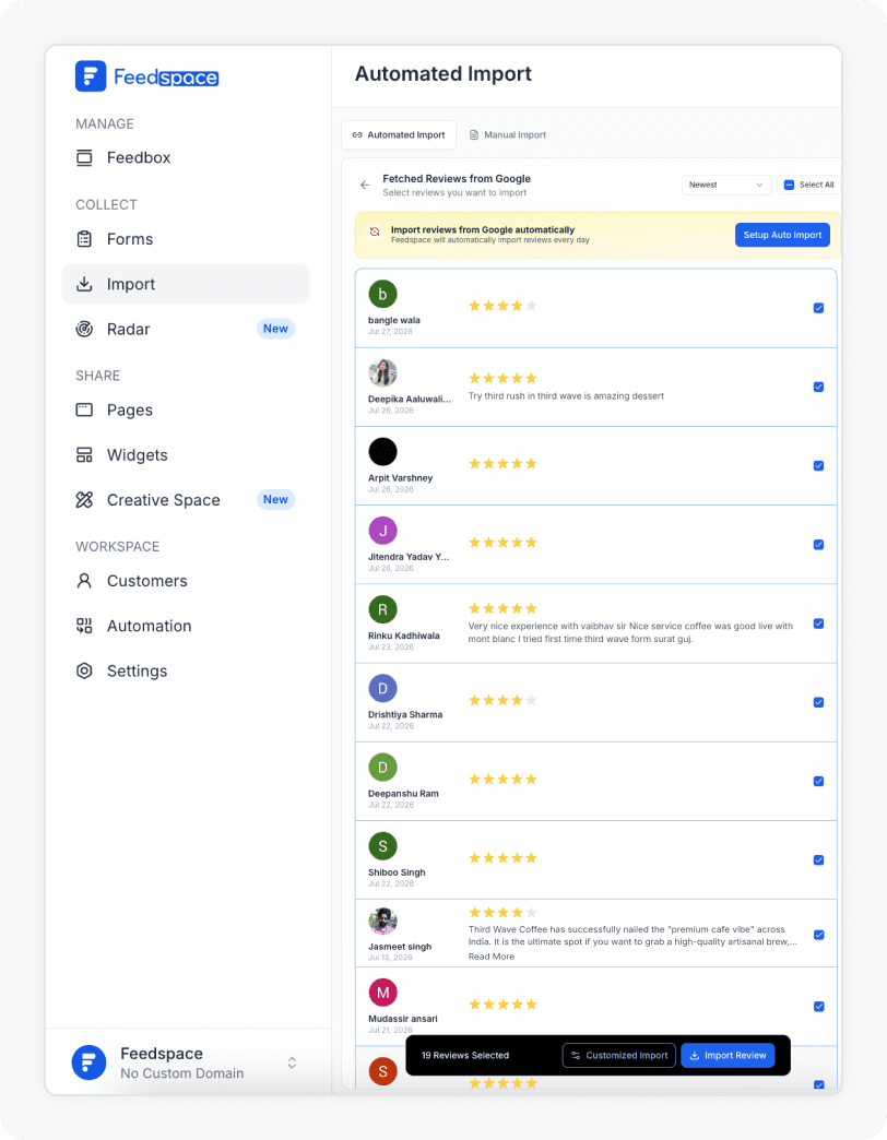 Reviews being selected to Import Google reviews