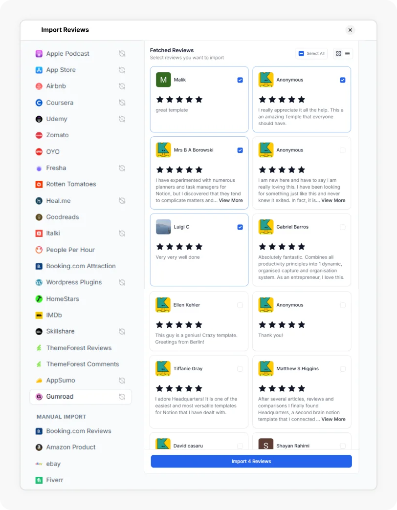 Reviews being selected to Import Gumroad reviews