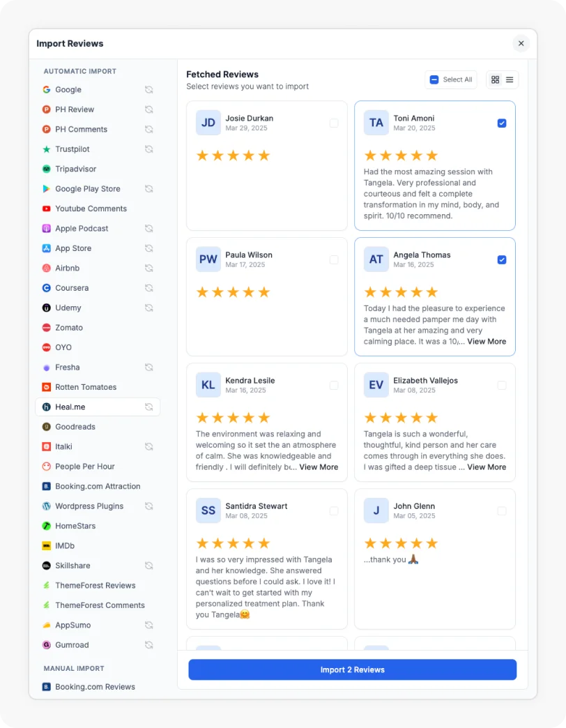 Reviews being selected to Import Heal.me reviews