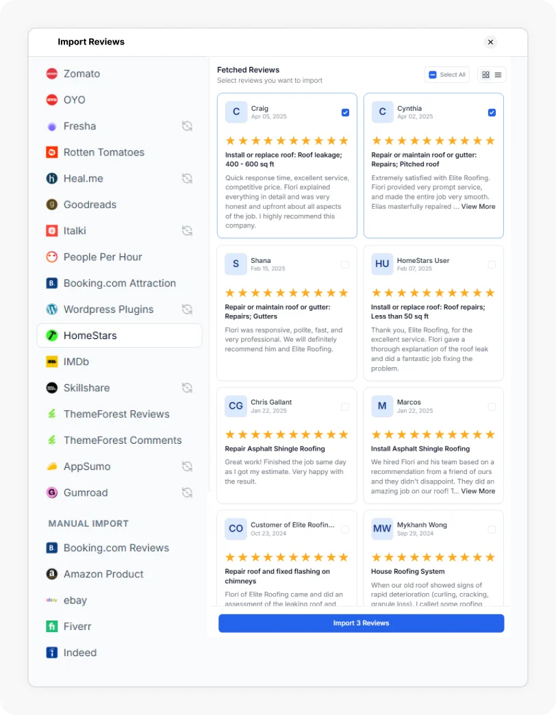 Reviews being selected to Import Homestars reviews