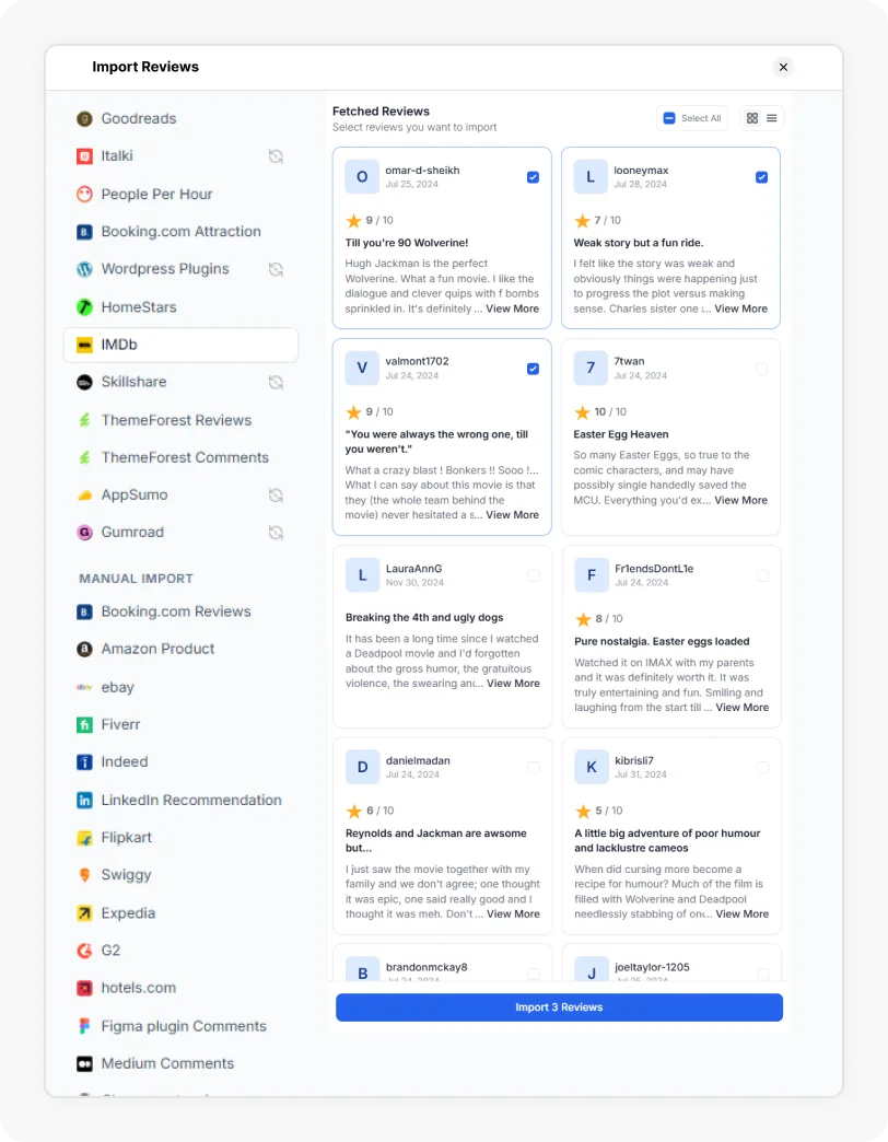 Reviews being selected to Import IMDb reviews