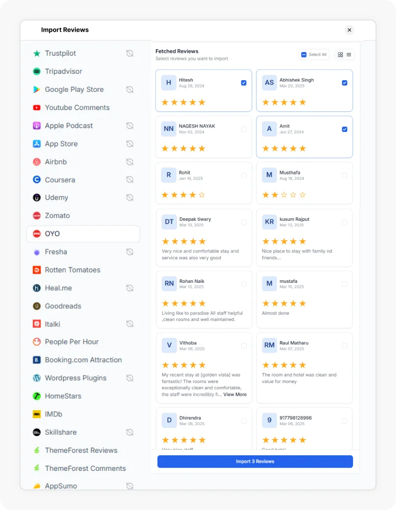 Reviews being selected to Import OYO reviews
