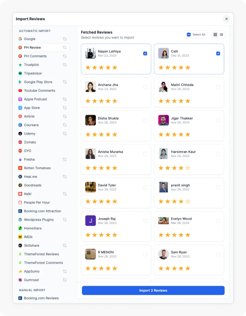 Reviews being selected to Import Product Hunt reviews