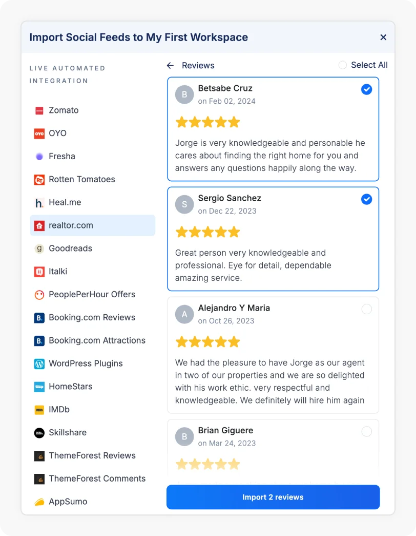 Reviews being selected to Import Realtor reviews