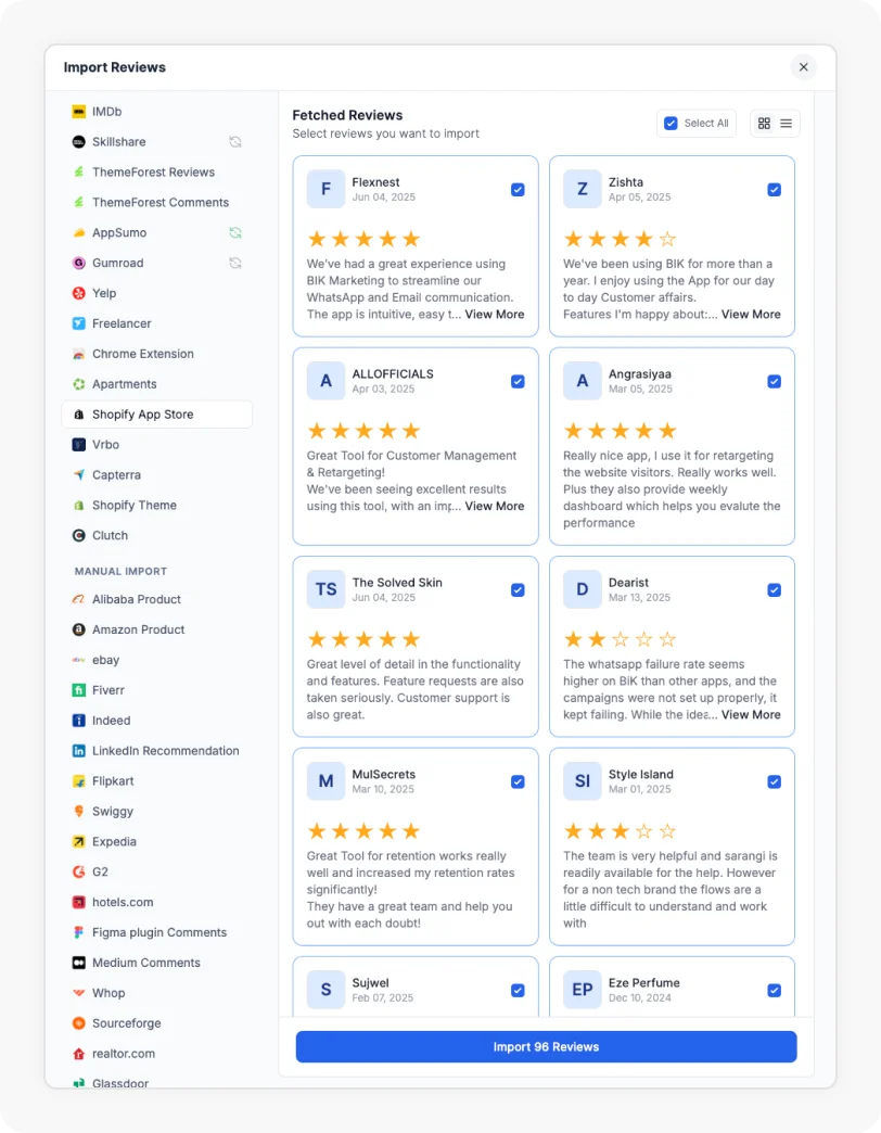 Select reviews from Shopify and click Import to add them to Feedspace