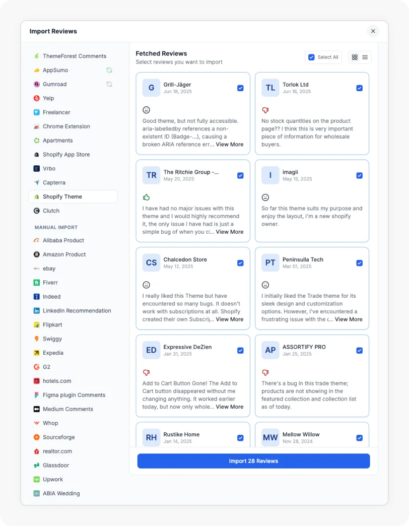 Select and import Shopify Theme reviews to Feedspace