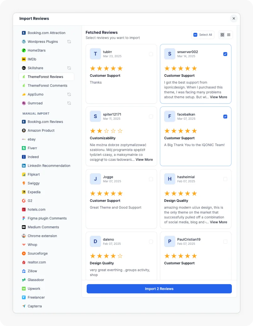 Reviews being selected to Import Themeforest Review