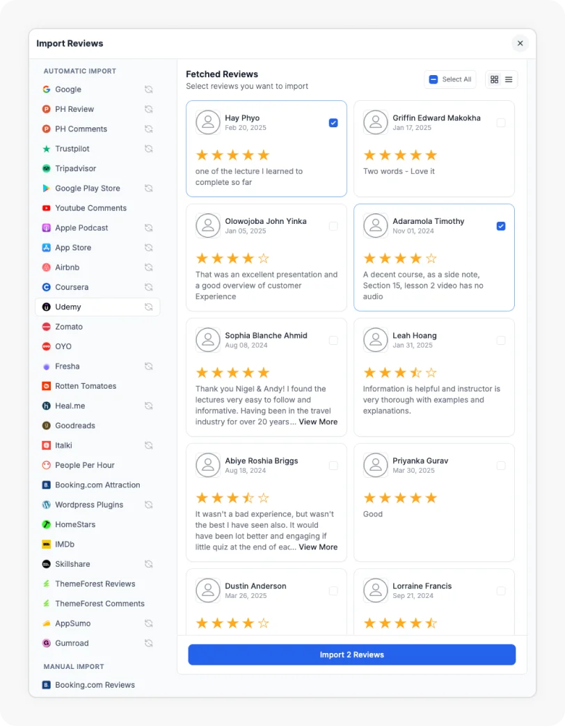 Reviews being selected to Import Udemy Review