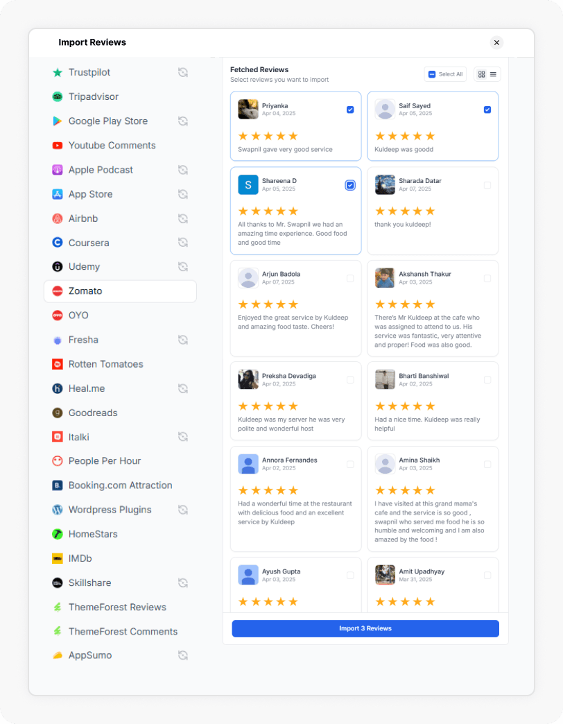 Reviews being selected to Import Zomato Reviews
