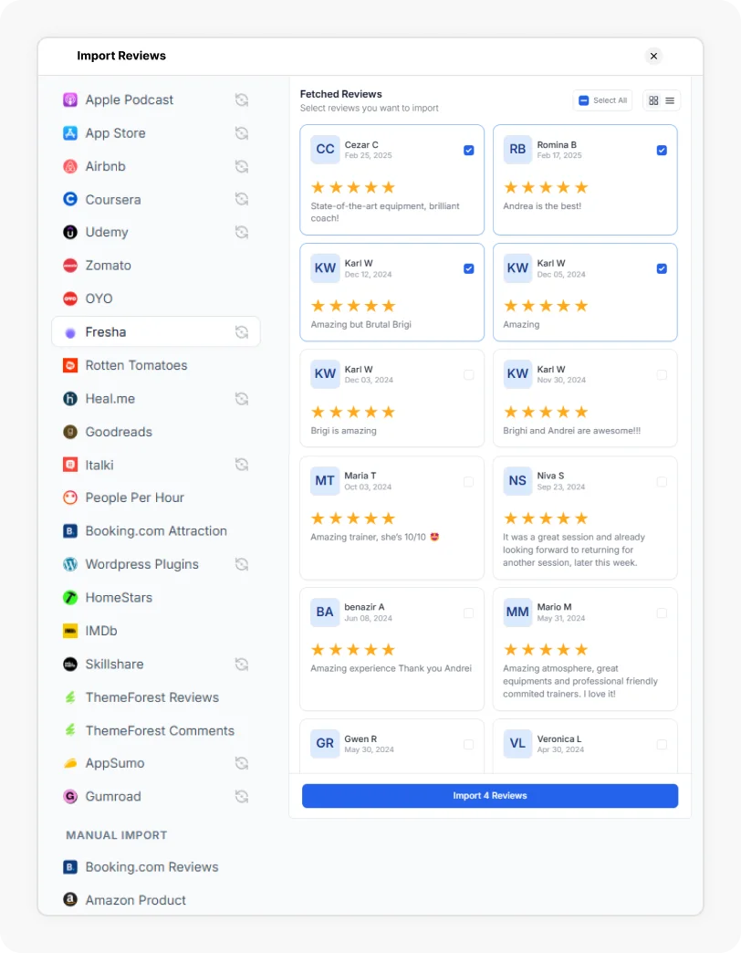 Reviews being selected to Import Fresha reviews