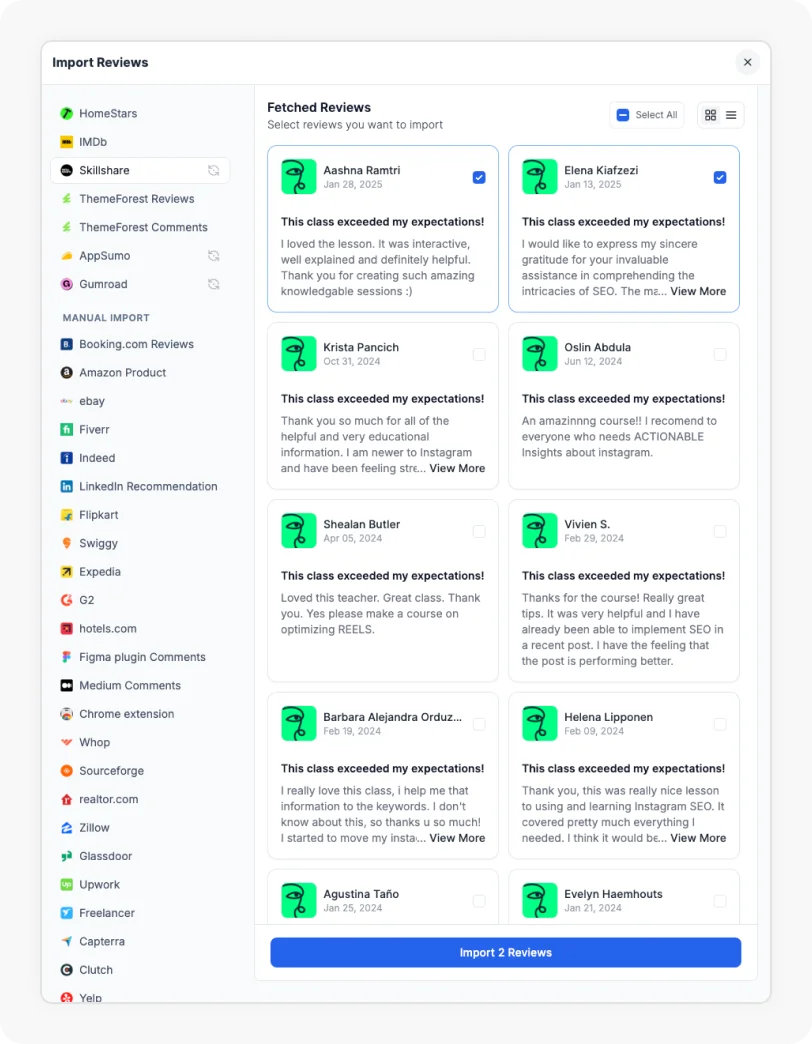 Reviews being selected to Import Skillshare reviews