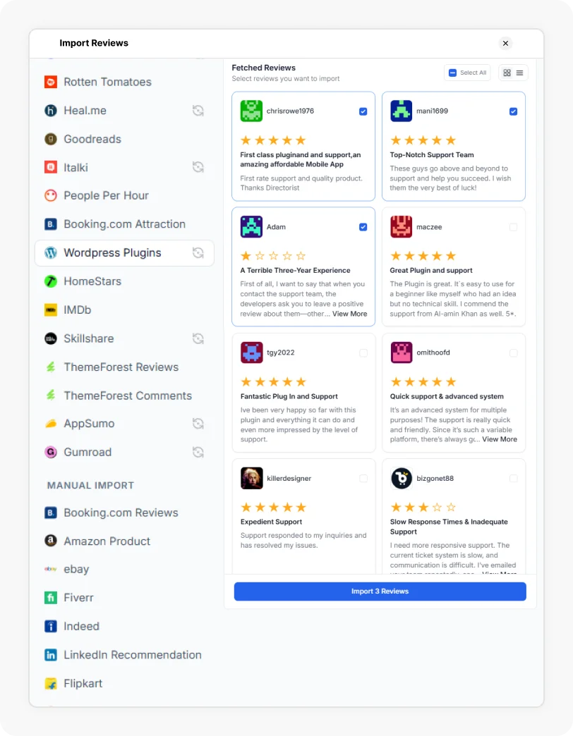 Reviews being selected to Import WordPress Plugin Review