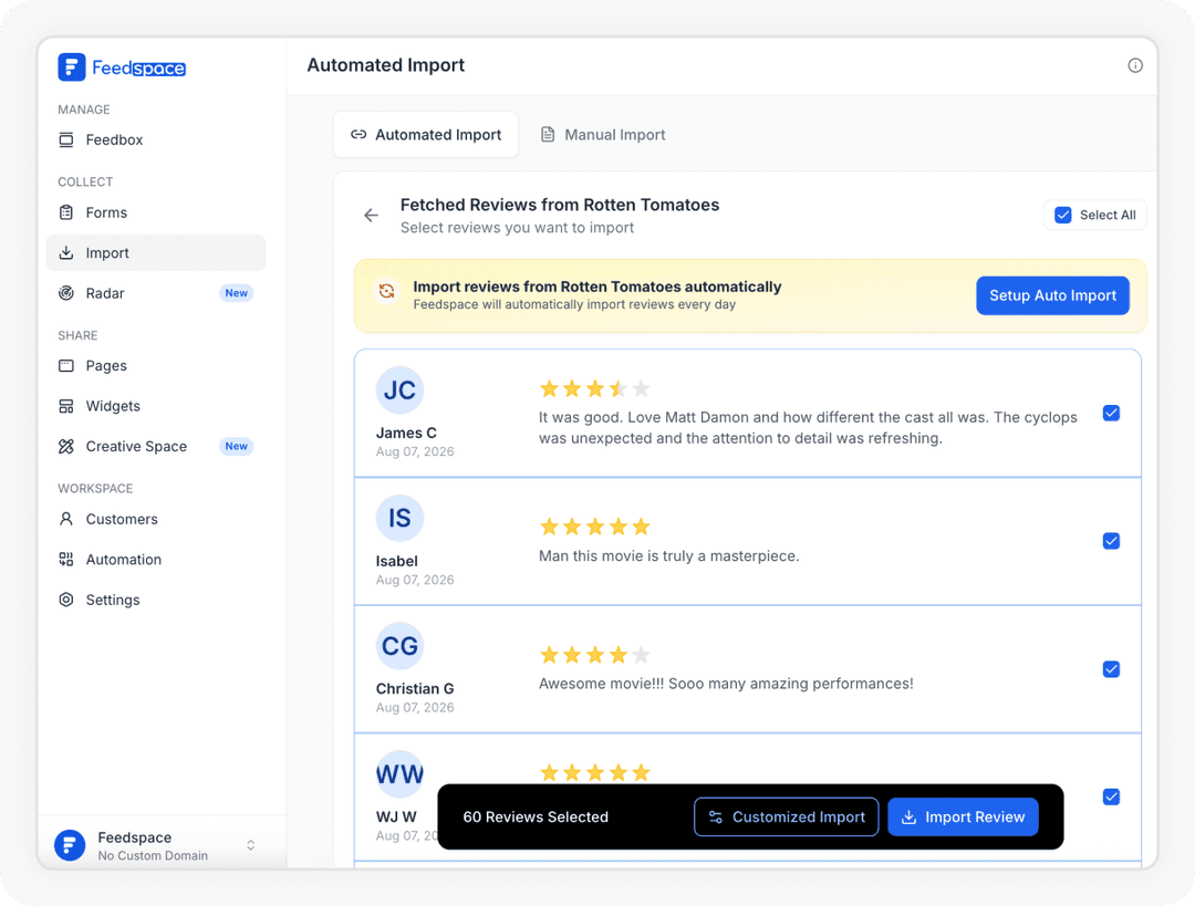 Reviews being selected to Import Rotten Tomatoes reviews