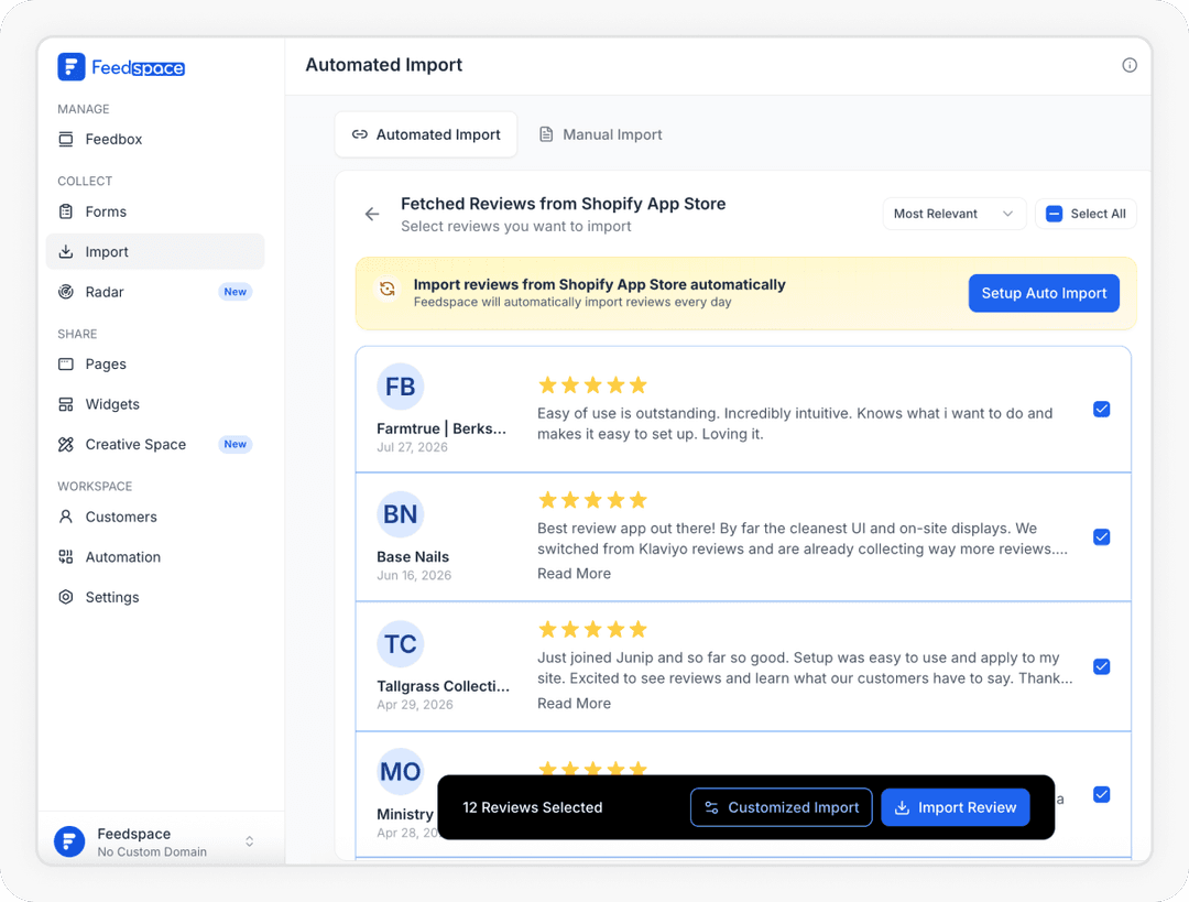 Select reviews from Shopify and click Import to add them to Feedspace