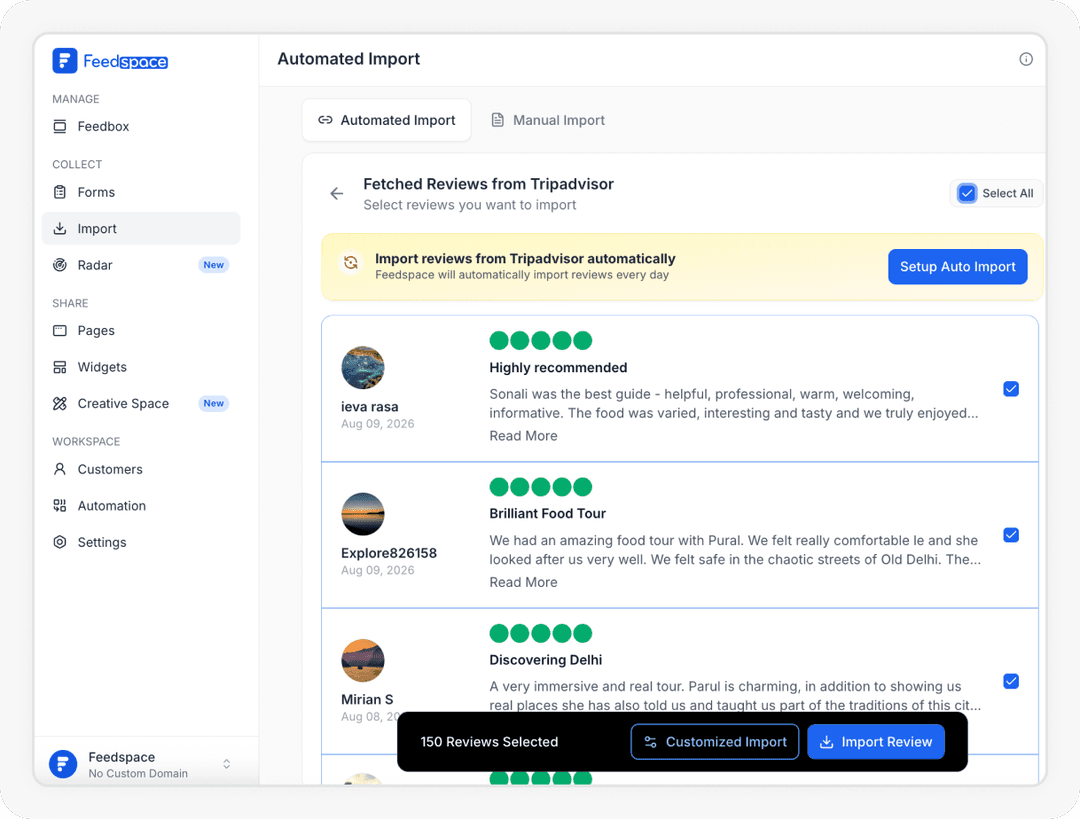 Reviews being selected to Import Trustpilot Review