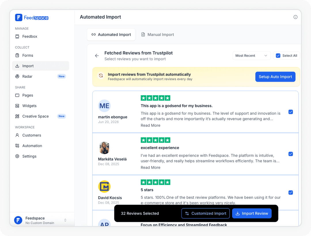 Reviews being selected to Import Trustpilot Review