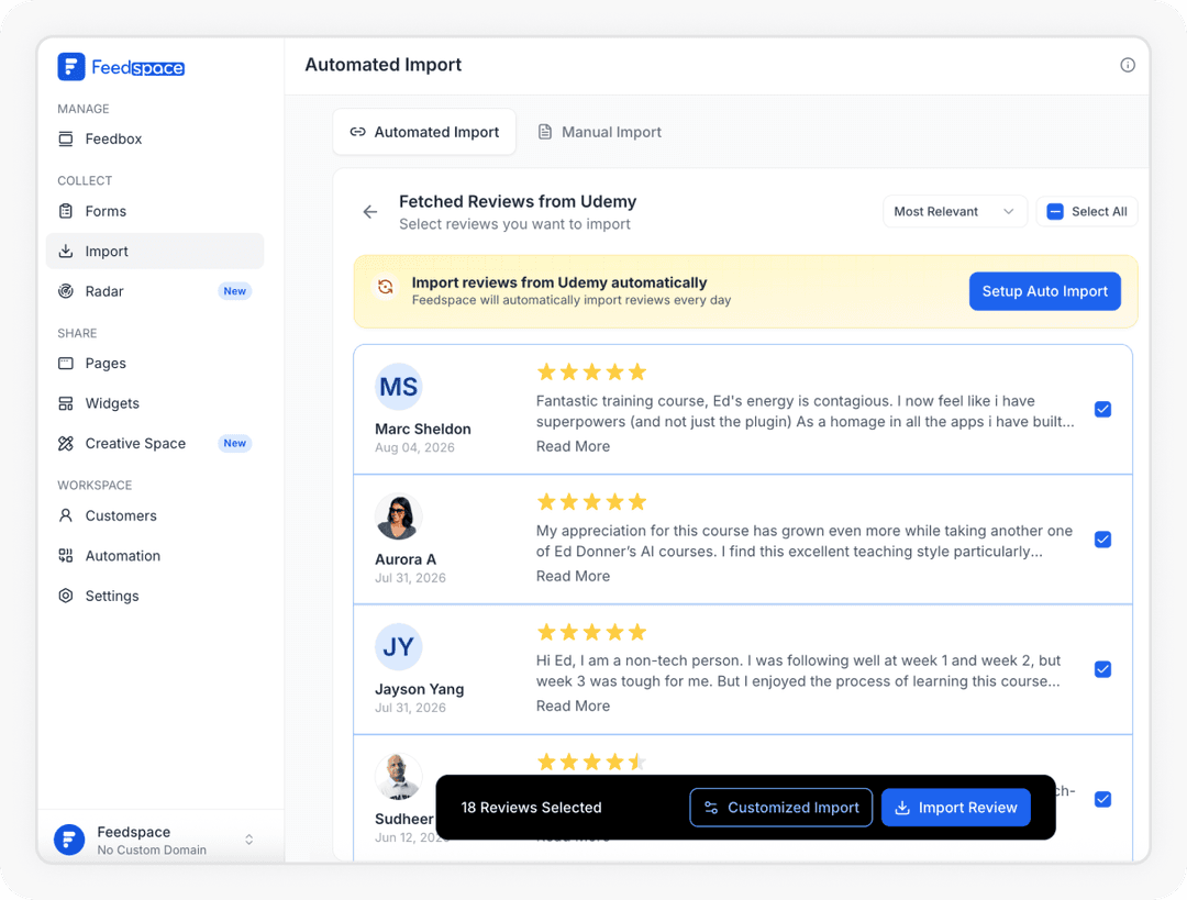 Reviews being selected to Import Udemy Review