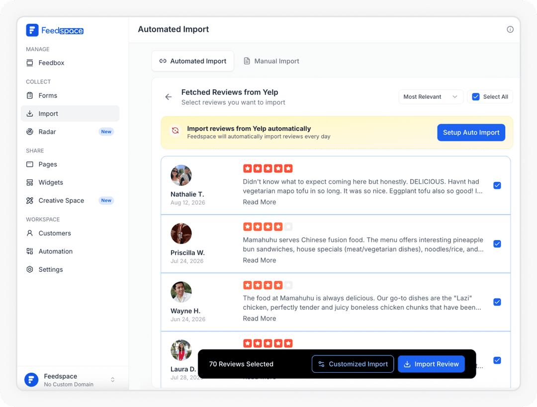 Select reviews from Yelp and click Import to add them to Feedspace